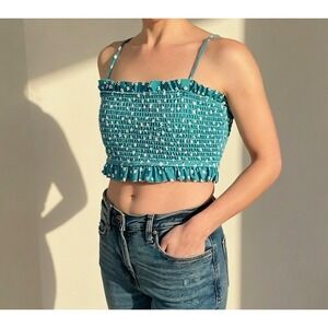 Teal Smocked Crop Cottagecore Summer Fit Fairycore Spaghetti Straps Large
